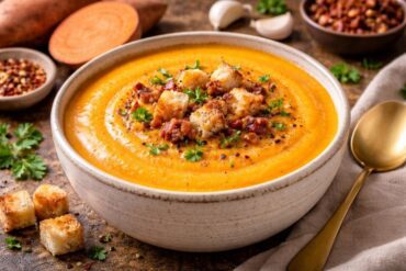 Creamy sweet potato soup served in a bowl topped with croutons and herbs