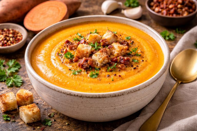 Creamy sweet potato soup served in a bowl topped with croutons and herbs