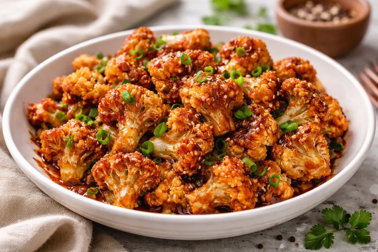 Crispy gochujang cauliflower garnished with sesame seeds and spring onions
