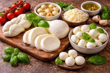 Different types of mozzarella cheese including fresh mozzarella, bocconcini, and shredded mozzarella on a wooden board
