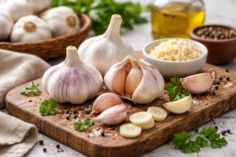Fresh garlic bulbs and cloves on a rustic wooden board with herbs and spices