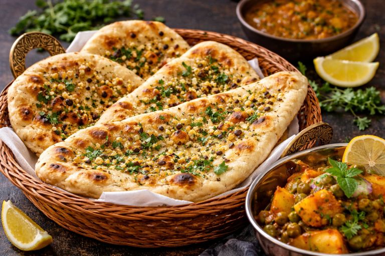Basket of freshly baked garlic butter naan served with Indian curry and lemon wedges