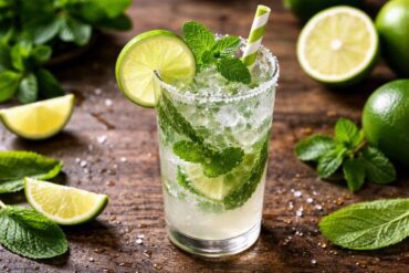 Lusty Lime Virgin Mocktail Recipe with fresh lime slices, mint leaves, and sparkling soda in a chilled glass