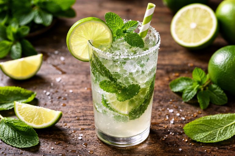 Lusty Lime Virgin Mocktail Recipe with fresh lime slices, mint leaves, and sparkling soda in a chilled glass