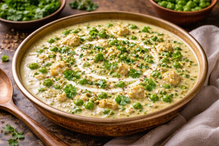 Methi matar malai creamy North Indian curry with fenugreek leaves and green peas in a bowl
