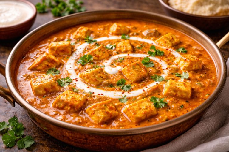 Paneer butter masala creamy Indian curry with paneer cubes and swirl of fresh cream