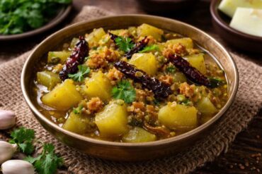 Papaya khar recipe served in a brass bowl with raw papaya pieces and dried red chilies, traditional Assamese dish