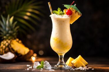 Piña colada recipe served in a tall fancy hurricane glass garnished with pineapple slice and cherry