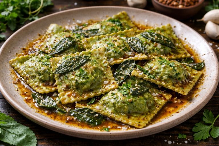 Spinach ravioli in burnt butter sauce with crispy sage, garlic slices, and grated parmesan on a rustic plate