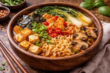 Vegan kimchi ramen in a wooden bowl with spicy broth, tofu, mushrooms, and bok choy