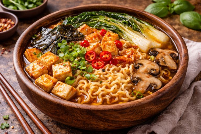 Vegan kimchi ramen in a wooden bowl with spicy broth, tofu, mushrooms, and bok choy