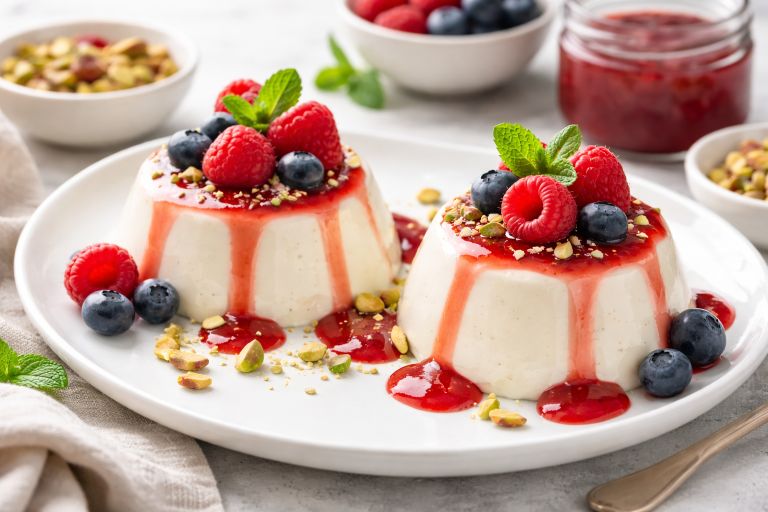 Vegan panna cotta recipe topped with berry sauce, fresh raspberries, blueberries, and pistachios