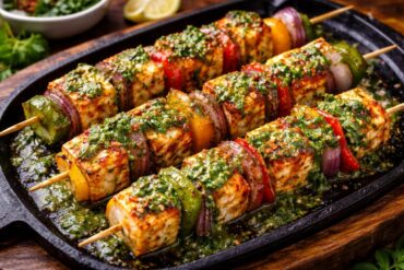 Sizzling chimichurri paneer tikka skewers with grilled bell peppers and onions on a cast iron platter.