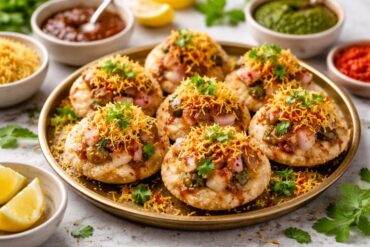Mumbai Style Sev Puri Recipe topped with chutneys, sev, onions, and fresh coriander on a serving plate