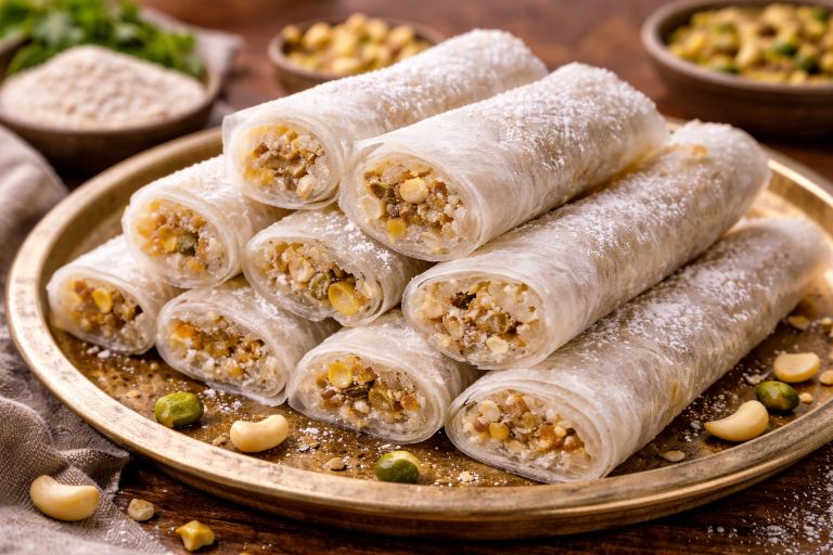 Authentic Andhra Pootharekulu rolls filled with sugar, ghee, and mixed nuts arranged on a brass plate