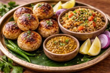 Authentic Bihari Litti Chokha served with mustard chutney on a traditional platter.