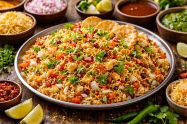 Bhel Puri Recipe served on a plate with puffed rice, sev, chutneys, onions, tomatoes, and fresh coriander
