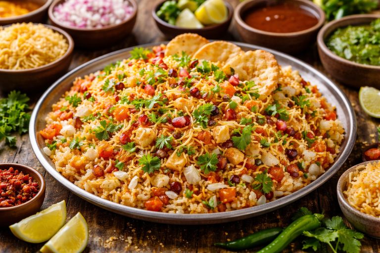 Bhel Puri Recipe served on a plate with puffed rice, sev, chutneys, onions, tomatoes, and fresh coriander