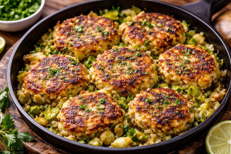 Vegan Bubble and Squeak patties pan-fried until golden brown in a cast iron skillet.
