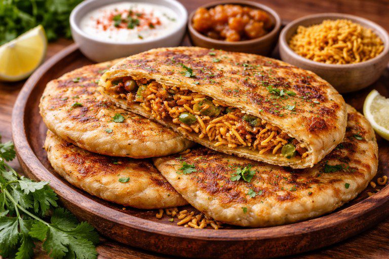 Crispy Crunchy Pyaz Paratha stuffed with spiced onions and aloo bhujia served with curd and pickle.