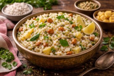 Sabudana khichdi served in a rustic bowl with tapioca pearls, peanuts, potatoes, curry leaves, and lemon wedges.