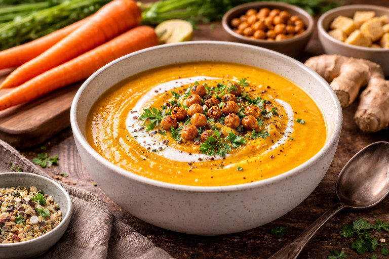 Creamy carrot ginger soup in a white bowl topped with coconut cream swirl and roasted chickpeas on a rustic wooden table.