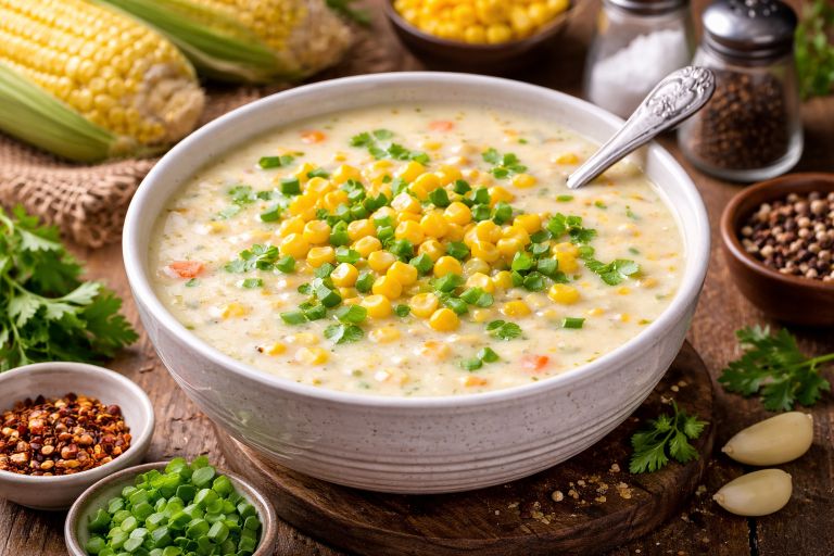 Healthy Sweet Corn Soup Recipe served in a bowl topped with corn kernels and spring onions
