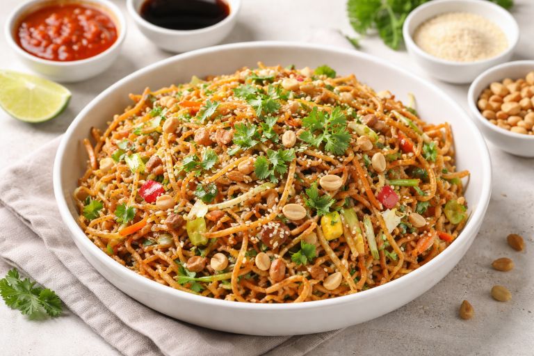 Mumbai Style Chinese Bhel Recipe served in a white bowl with crispy noodles, fresh vegetables, peanuts, and coriander garnish