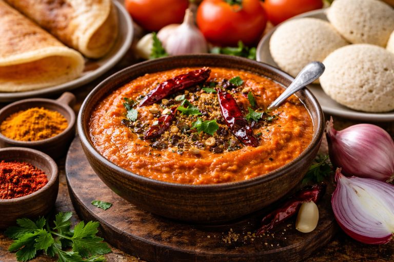 Onion Tomato Chutney Recipe served in a bowl with tempering of mustard seeds, red chilies, and curry leaves