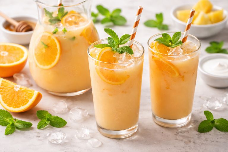 Orange Dream Punch Recipe served in glasses with ice, fresh orange slices, and mint garnish