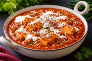Paneer Jalfrezi Recipe served in a bowl with paneer cubes in spicy tomato gravy topped with cream and coriander