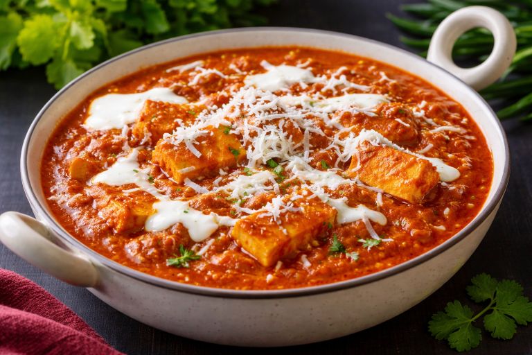 Paneer Jalfrezi Recipe served in a bowl with paneer cubes in spicy tomato gravy topped with cream and coriander