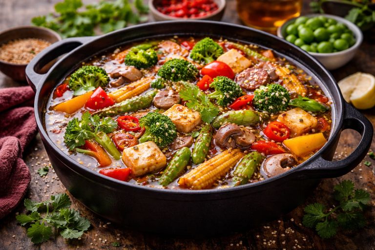 Sizzling Veg Hot Pot Recipe Indian style with mixed vegetables, tofu, and spicy broth in a black pot