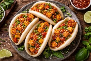 Top view of chilli paneer bao buns filled with spicy paneer, capsicum, and spring onions on a rustic plate.
