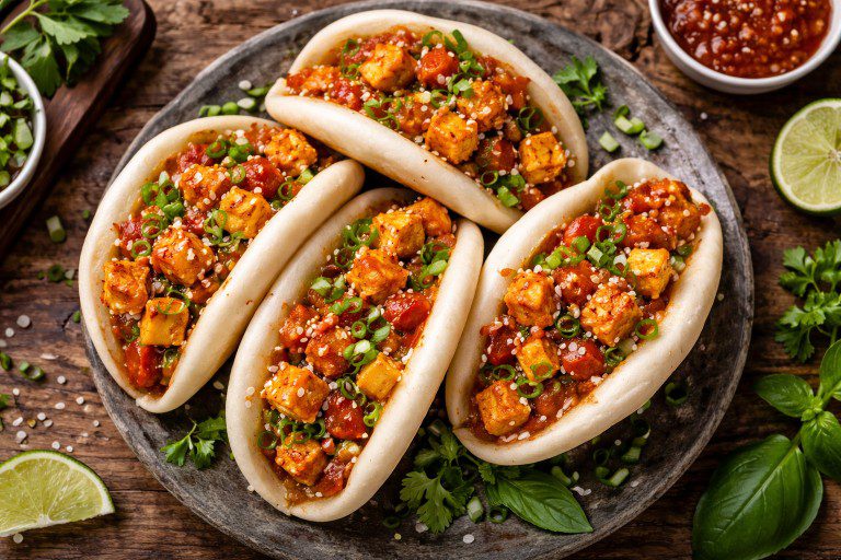 Top view of chilli paneer bao buns filled with spicy paneer, capsicum, and spring onions on a rustic plate.
