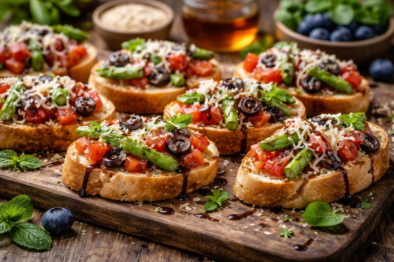 Veg Bruschetta Recipe topped with cherry tomatoes, olives, asparagus, and shredded cheese on toasted baguette slices
