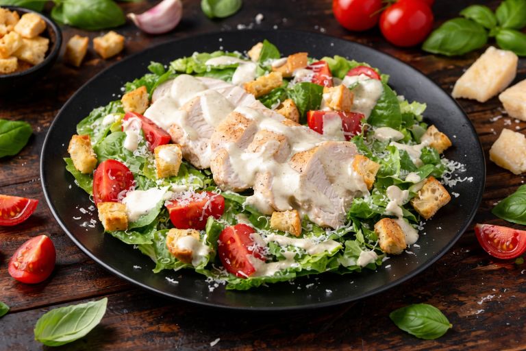 Veg Caesar Salad Recipe with romaine lettuce, cherry tomatoes, crunchy croutons, tofu, and creamy Caesar dressing