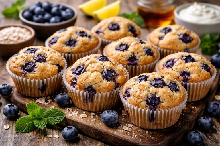 Vegan Blueberry Muffins Recipe soft and moist muffins topped with fresh blueberries on a wooden board