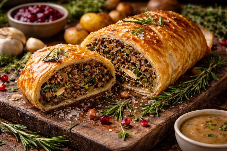 Vegan Wellington Recipe with golden flaky pastry and savory mushroom lentil filling sliced on a wooden board