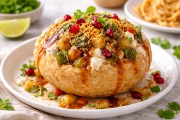 Raj Kachori filled with lentils, potatoes, curd, chutneys, sev, and pomegranate seeds