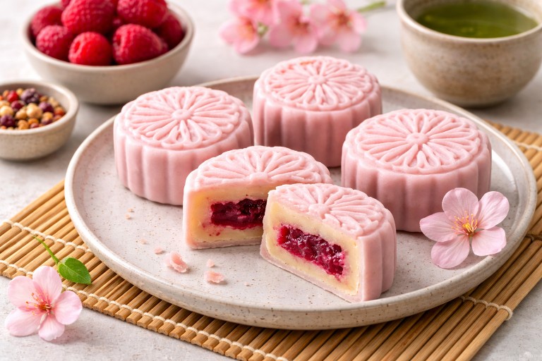 Japanese-style vegan raspberry mooncakes with pink outer layer and raspberry filling