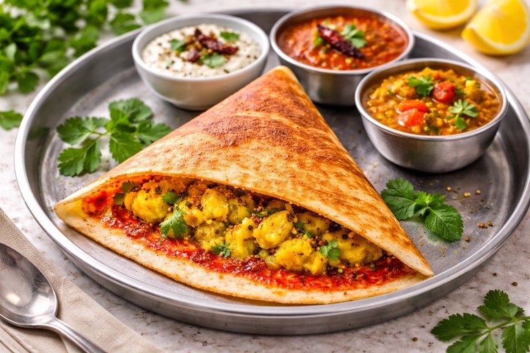 Triangular Mysore masala dosa with spicy red chutney and potato filling served with coconut chutney and sambar