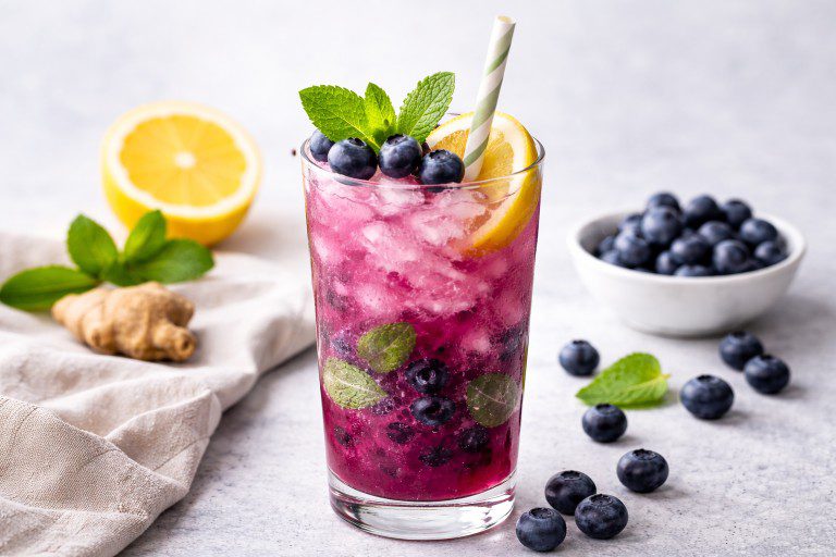 Refreshing blueberry ginger fizz mocktail served in a tall glass with lemon slice, mint leaves, and fresh blueberries