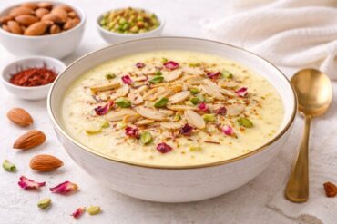 Badam Kheer recipe garnished with almonds, pistachios and saffron in a serving bowl