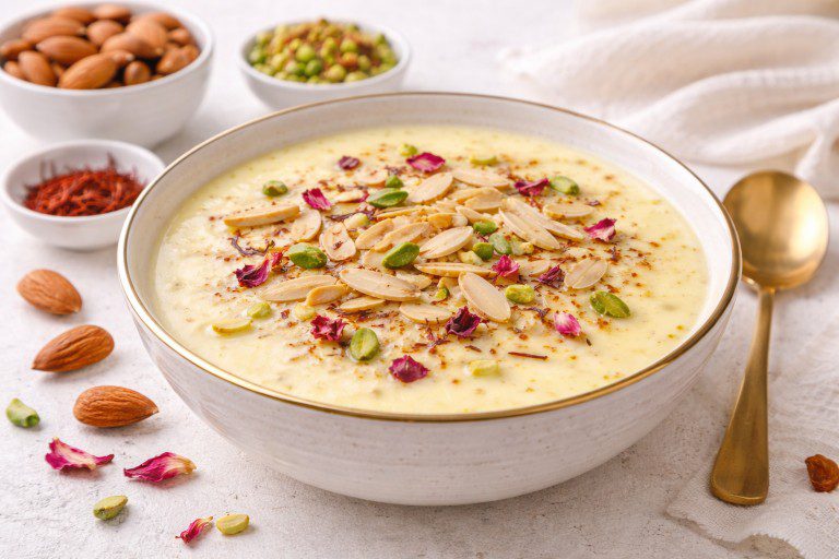 Badam Kheer recipe garnished with almonds, pistachios and saffron in a serving bowl