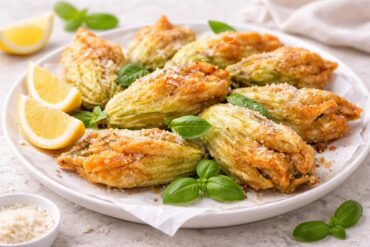 Fried zucchini flowers stuffed with cheese and mushrooms served with lemon wedges