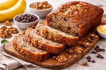 Eggless banana bread sliced on wooden board with walnuts and chocolate chips