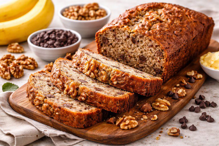 Eggless banana bread sliced on wooden board with walnuts and chocolate chips