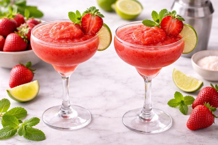 Strawberry daiquiri served in coupe glasses with fresh strawberries and lime slices