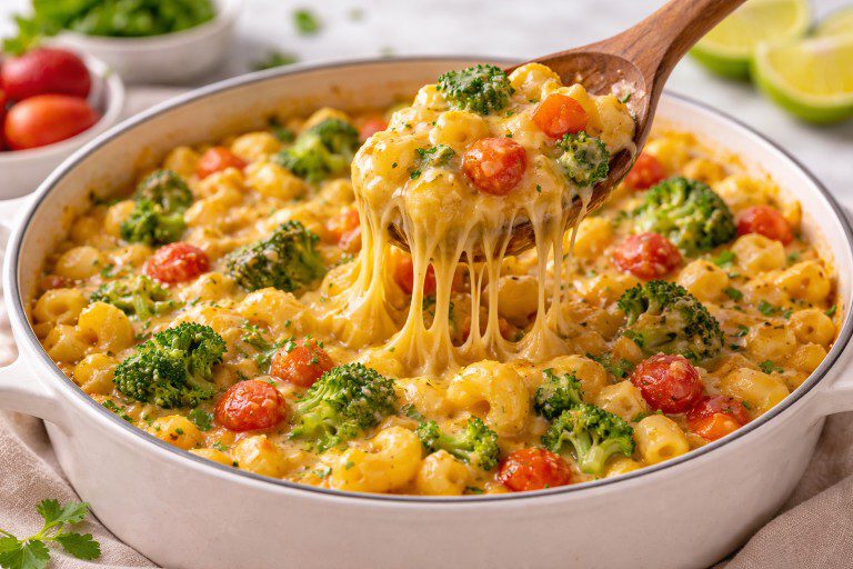 Cheesy veggie mac and cheese with broccoli and tomatoes in a skillet